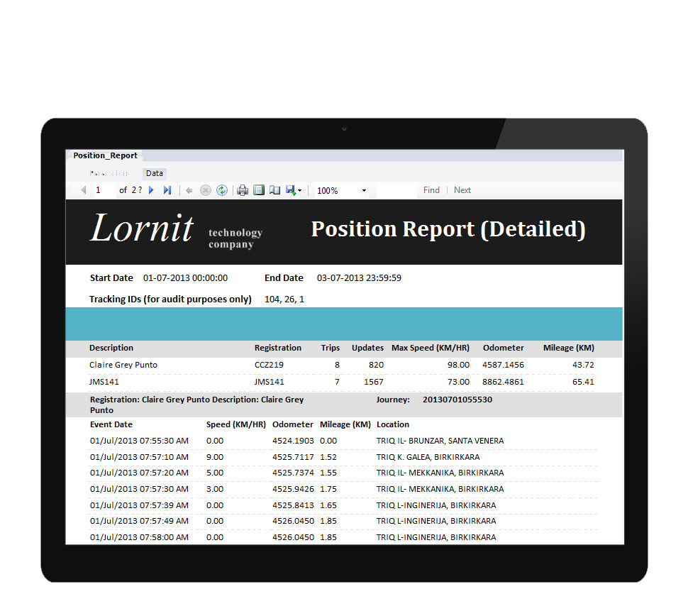 Lornit - Position Vehicle Report - Tracking System Screenshot